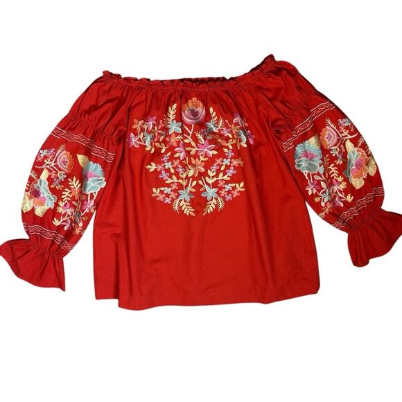 Free People Top Womens Size SP Dark Orange Off Shoulder Peasant Boho Embroidered - Picture 1 of 9